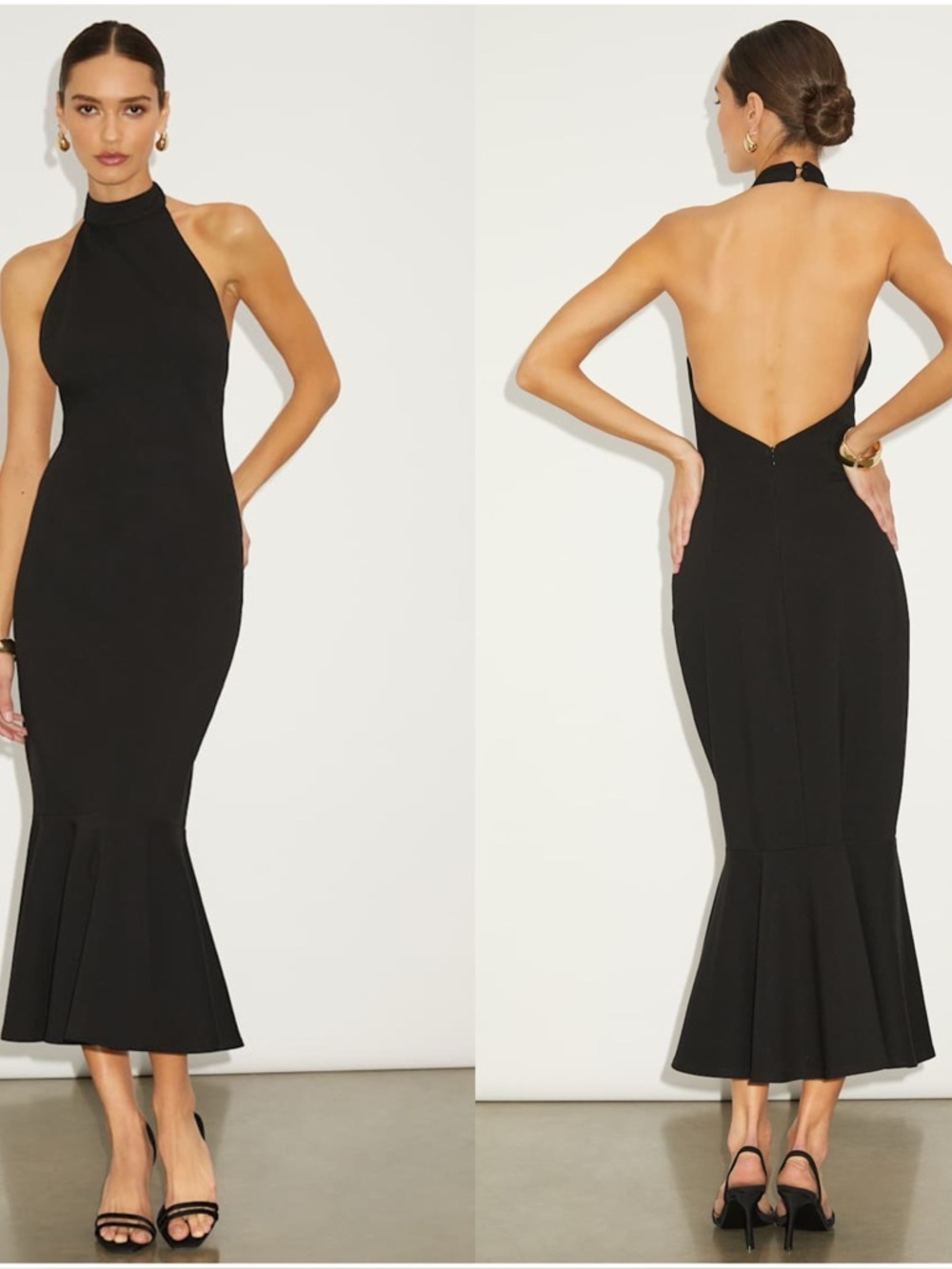LULU'S Chic Masterpiece Black Backless Trumpet Hem Midi Dress